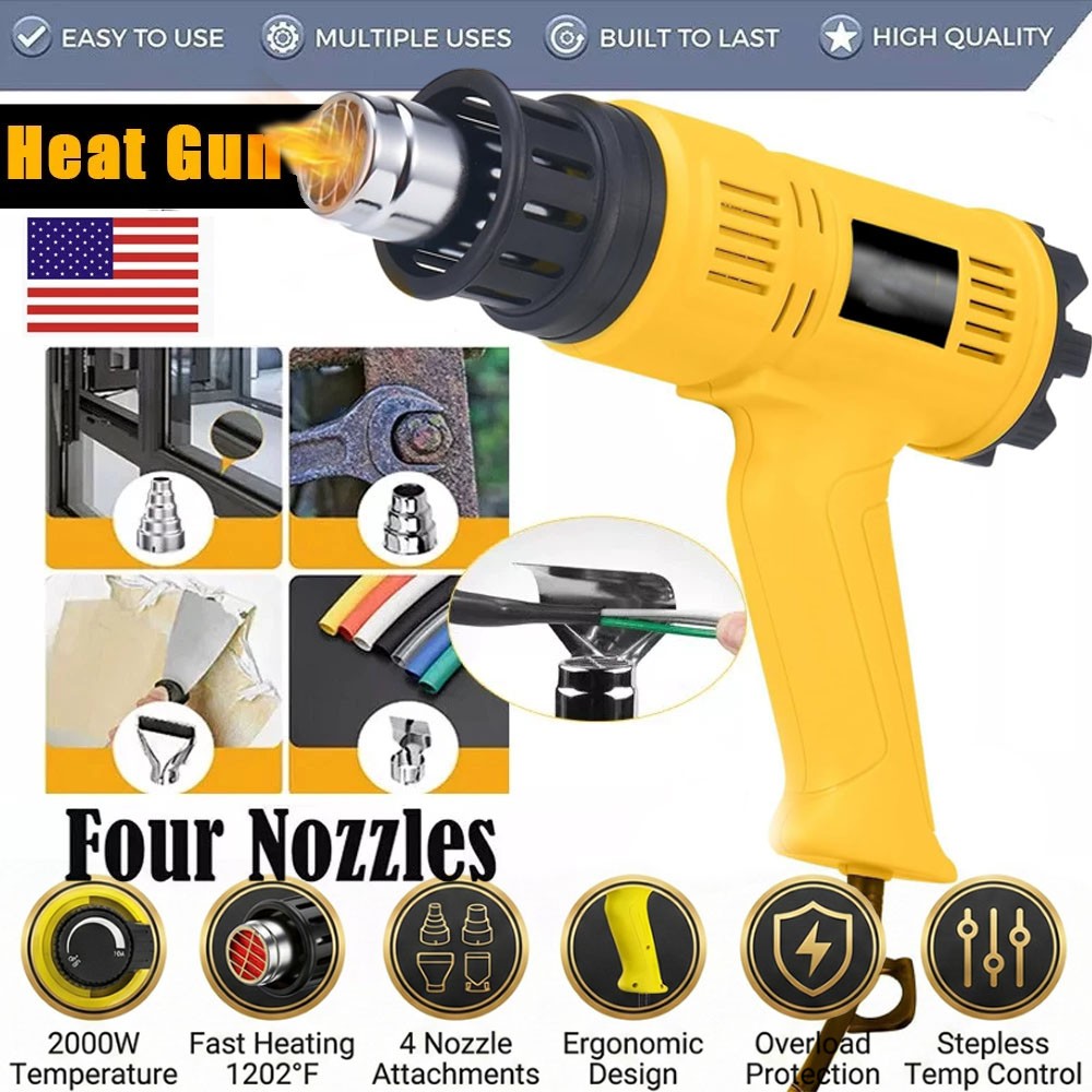 2000W Electric Heat Gun Dual Temperature Heavy Duty Hot Air Gun Kit w/ 4× Nozzle