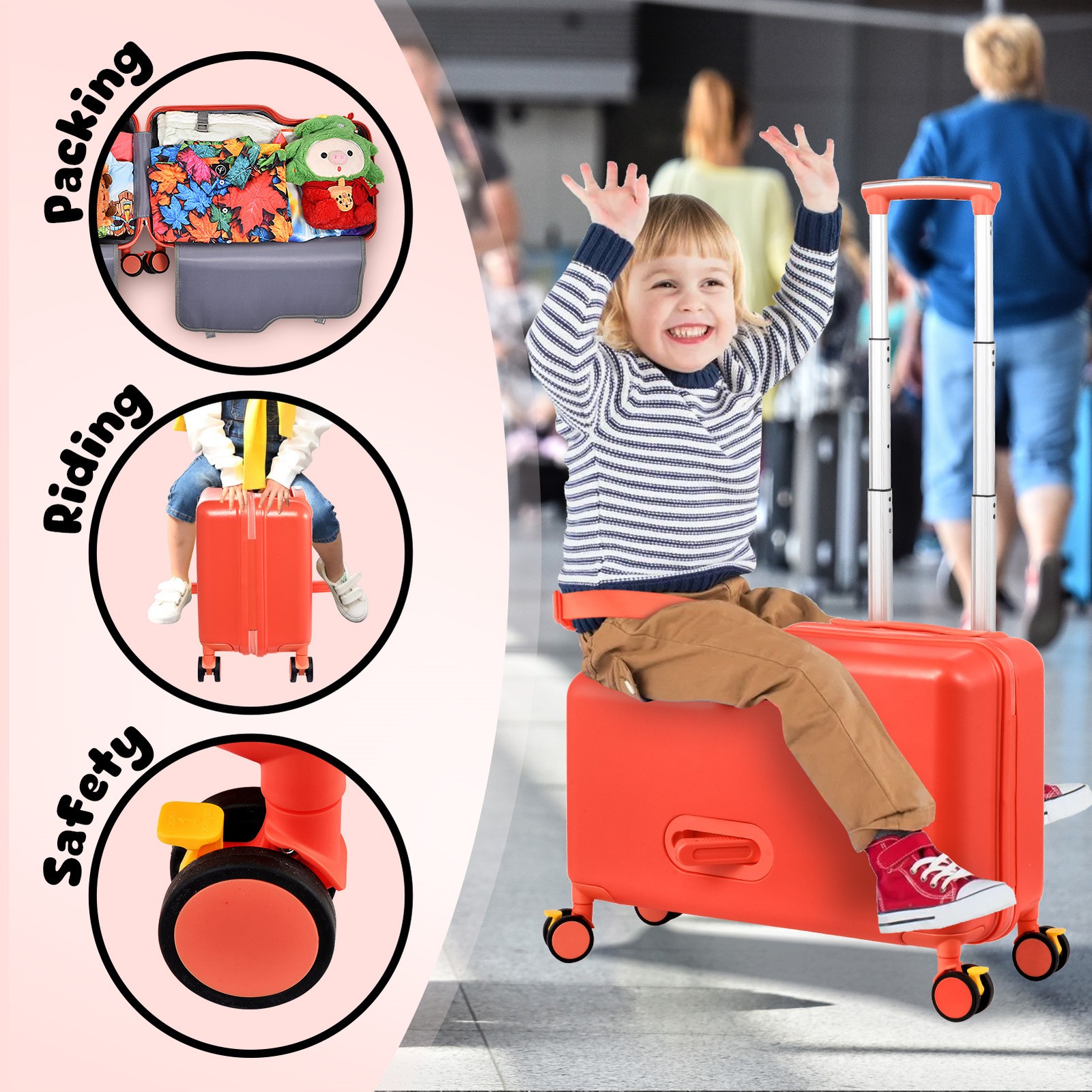 Kids Ride-on Luggage Suitcase, Carry On Trolley Luggage with Password Lock, 20"