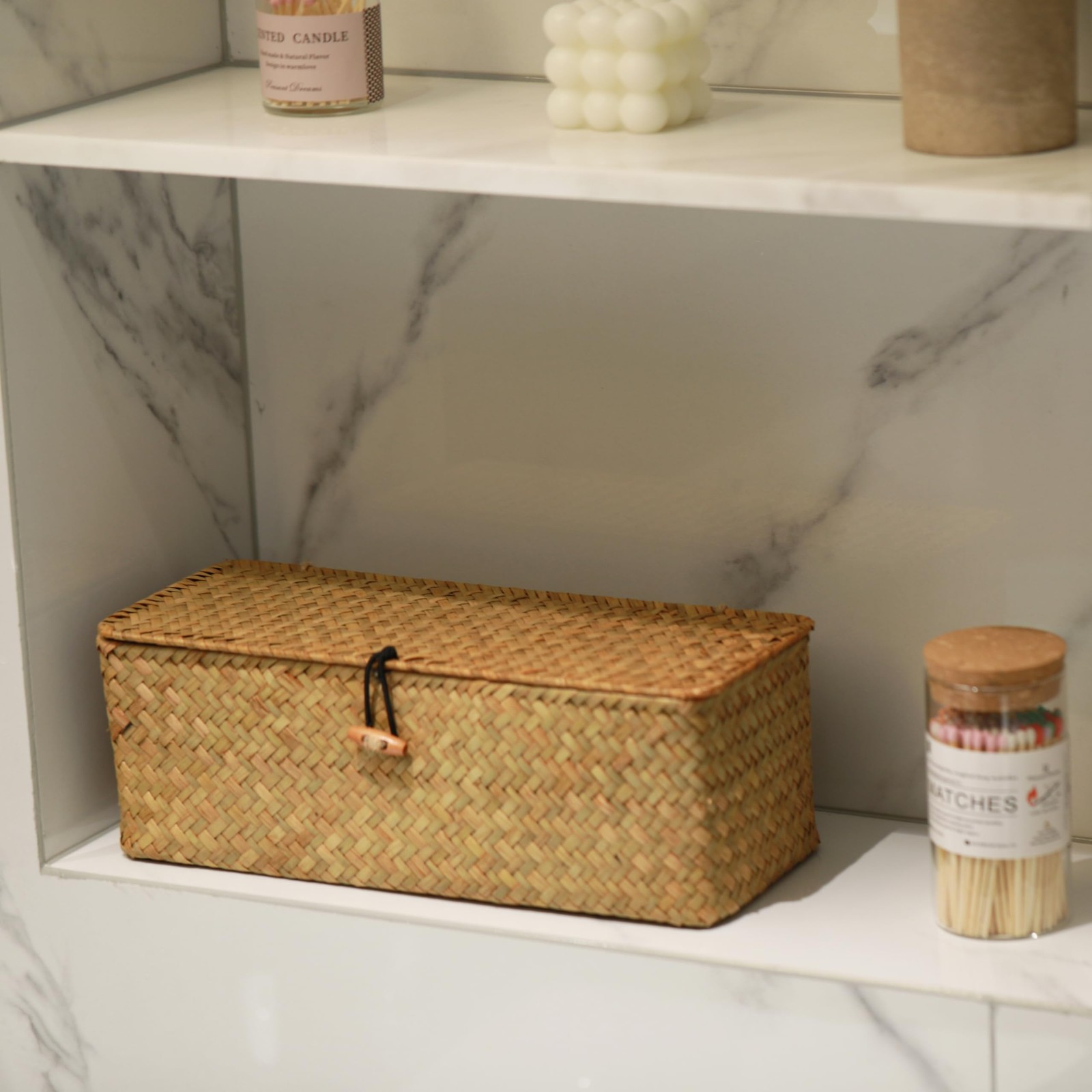 Seagrass Storage Basket with Lid Rectangular Small Woven Shelf Baskets with S...