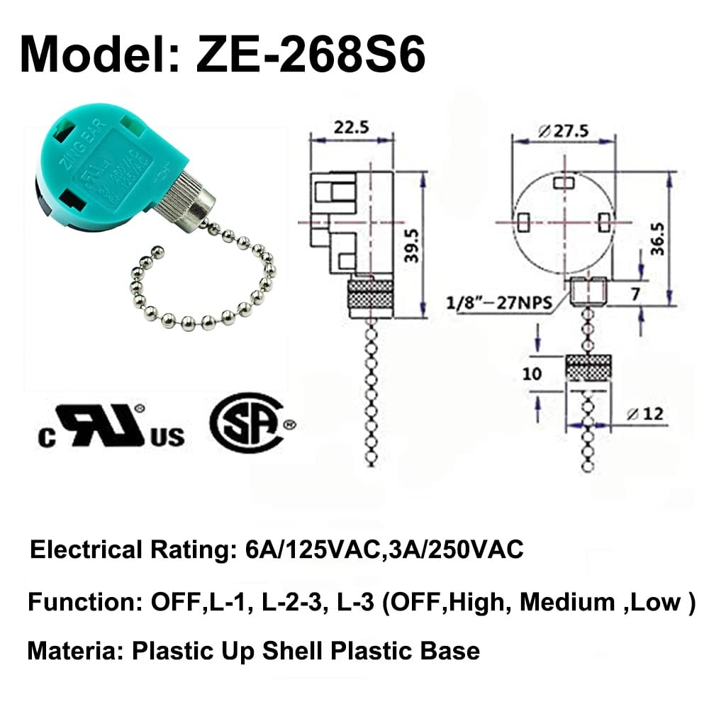 Ceiling Fan Switch 3 Speed 4 Wire Zing Ear ZE 268S6 Pull Chain Switch Control...