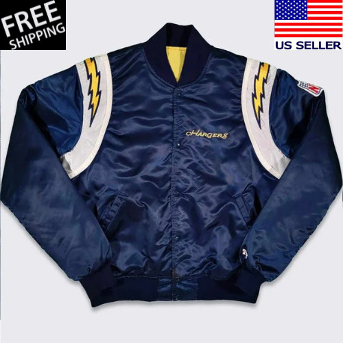80’s San Diego Chargers Full-Snap Navy Blue Satin Men's Varsity Bomber Jacket