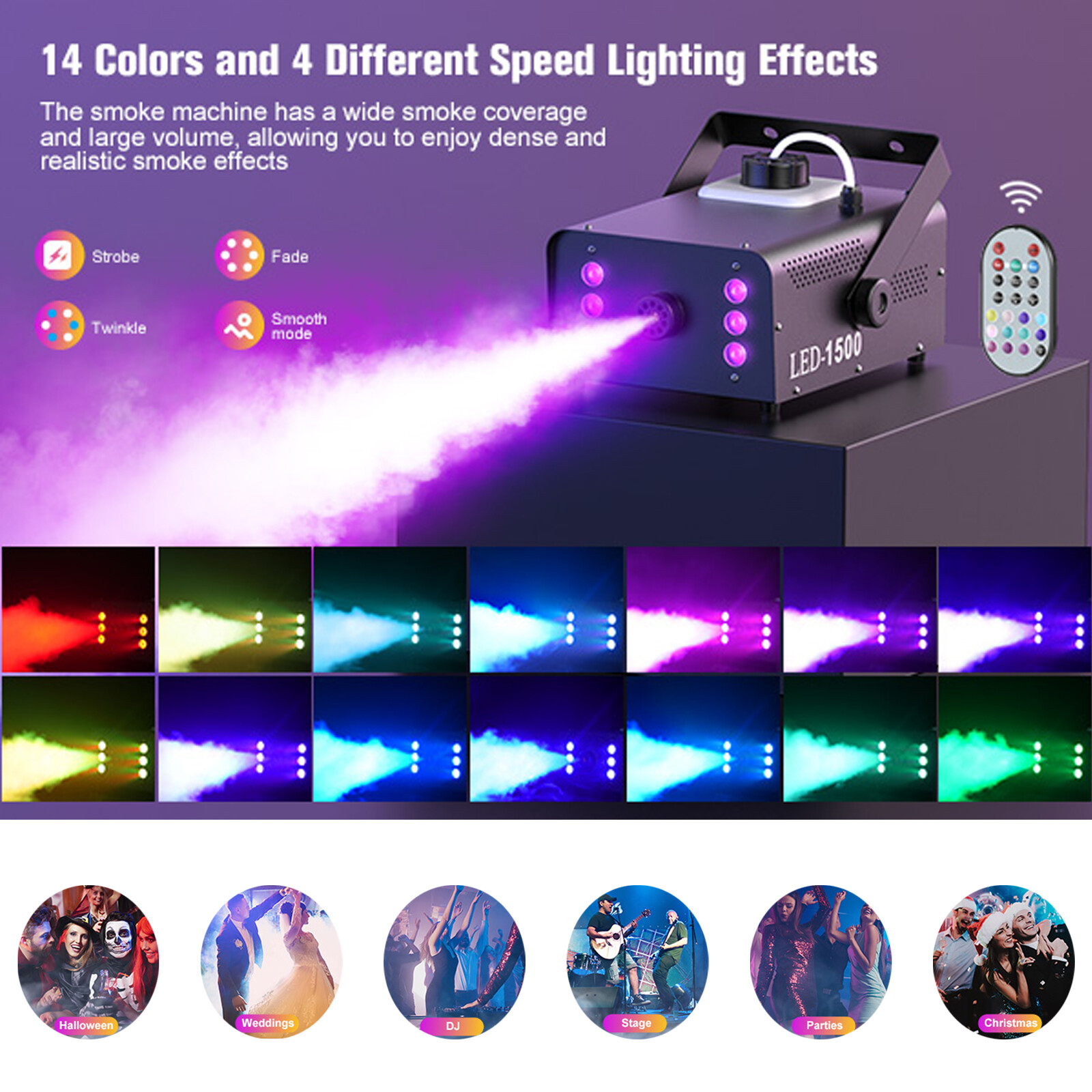 1500W Smoke Fog Machine 3in1 RGB 6LED Light Stage DJ Fogger w/ Wireless Remote
