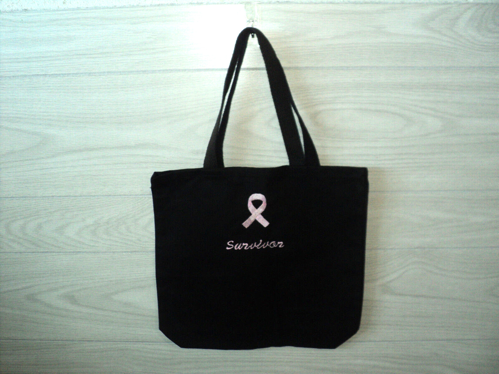 Breast Cancer Survivor Pink Ribbon Tote Bag Black Cotton Canvas 13" H x 14 W NEW