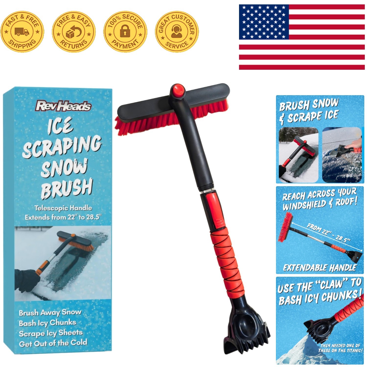 Durable Ice Scraper with Snow Brush - Telescopic Handle for Winter Readiness
