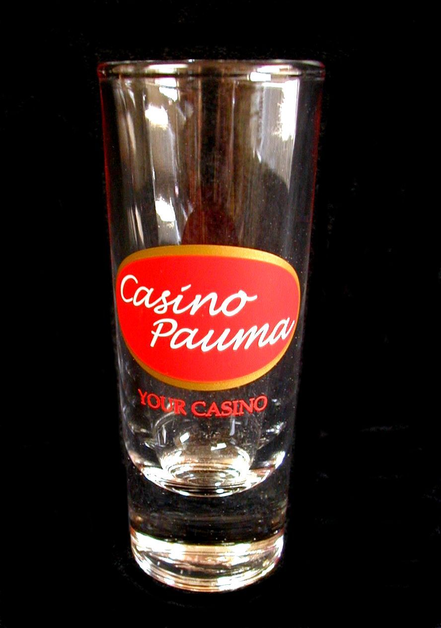 NEW Tall Shot Glass Shooter CASINO PAUMA "Your Casino" Clear/Red Logo 4" Crisa
