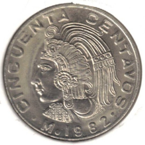 1982 Mexico Brilliant Uncirculated Aztec Emperor Cuauhtémoc Fifty Centavos Coin