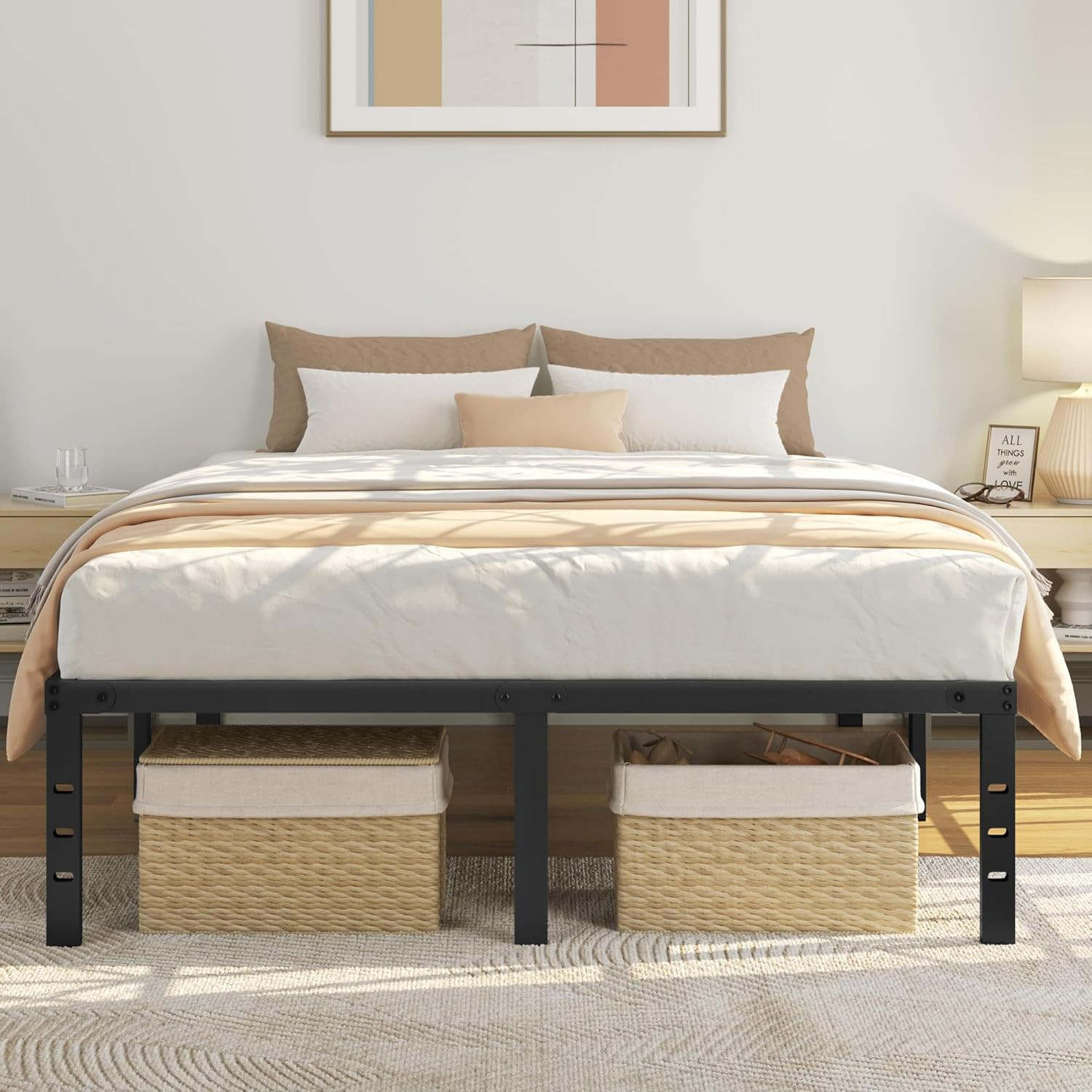 14" Metal Queen Platform Bed Frame with Storage, Easy Assembly, No Box Spring