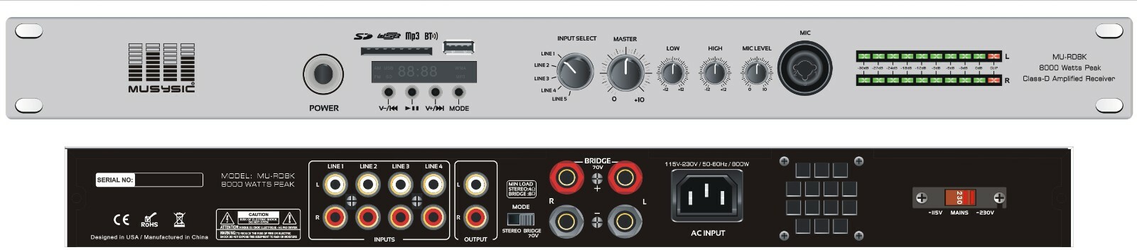 MUSYSIC MU-RD8K 8000W Receiver – Class D Amp, Bluetooth, USB/SD/FM, RCA Output
