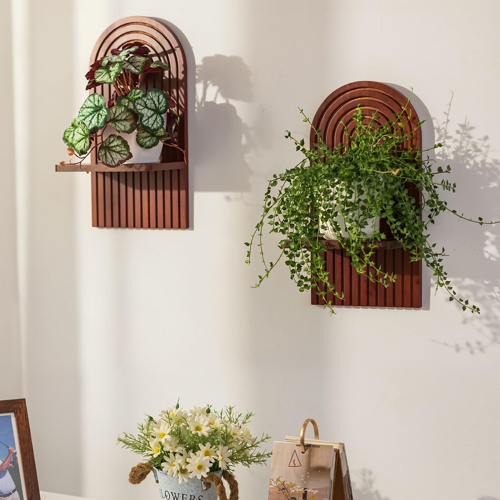 Mid Century Modern Decor: Walnut Boho Floating Shelves Arched Wall Decor for ...