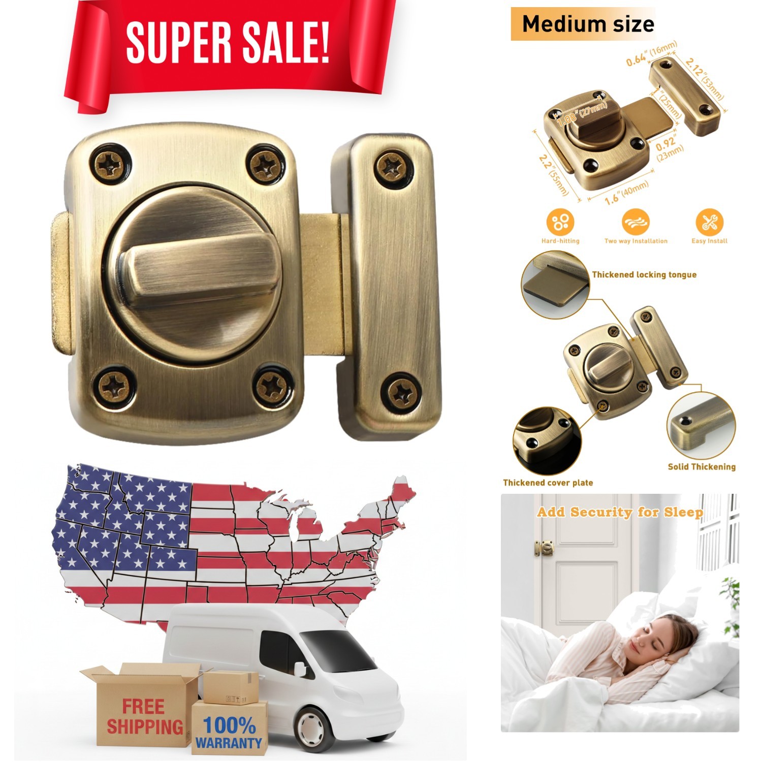 Gate Latch Slide Bolt Latches Lock,Medium Size Safety Double Sided Rotate Gat...