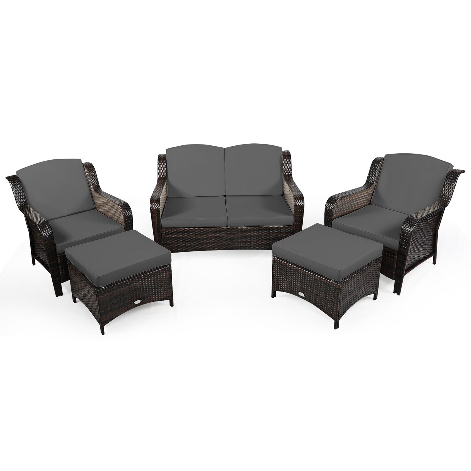 5PCS Rattan Patio Conversation Sofa Furniture Set Outdoor w/ Grey Cushions