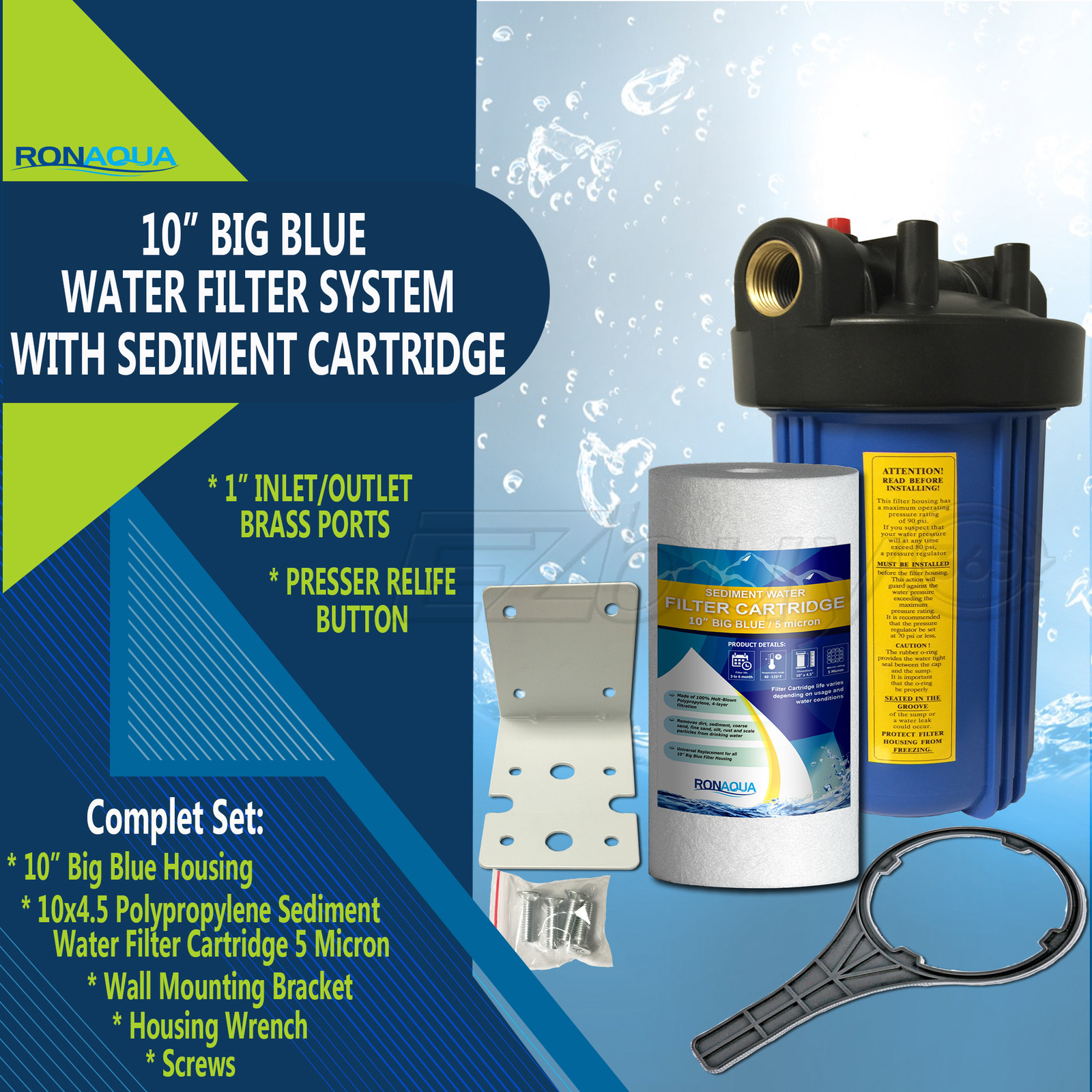 10" Big Blue Whole House System with 4.5x10” Polypropylene Sediment