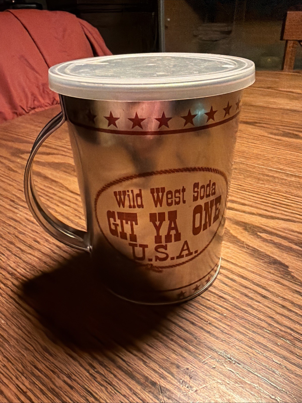 Wild West Soda GIT YA ONE U.S.A. Cup Metal can Shiny With Lid