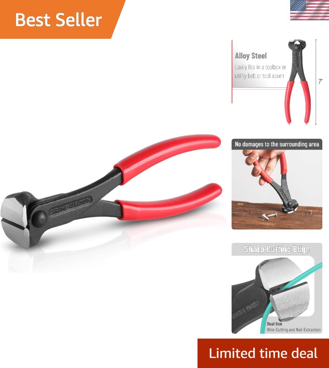 Versatile 7" Red Nail Puller & End Cutting Pliers - High Carbon Steel for Pros