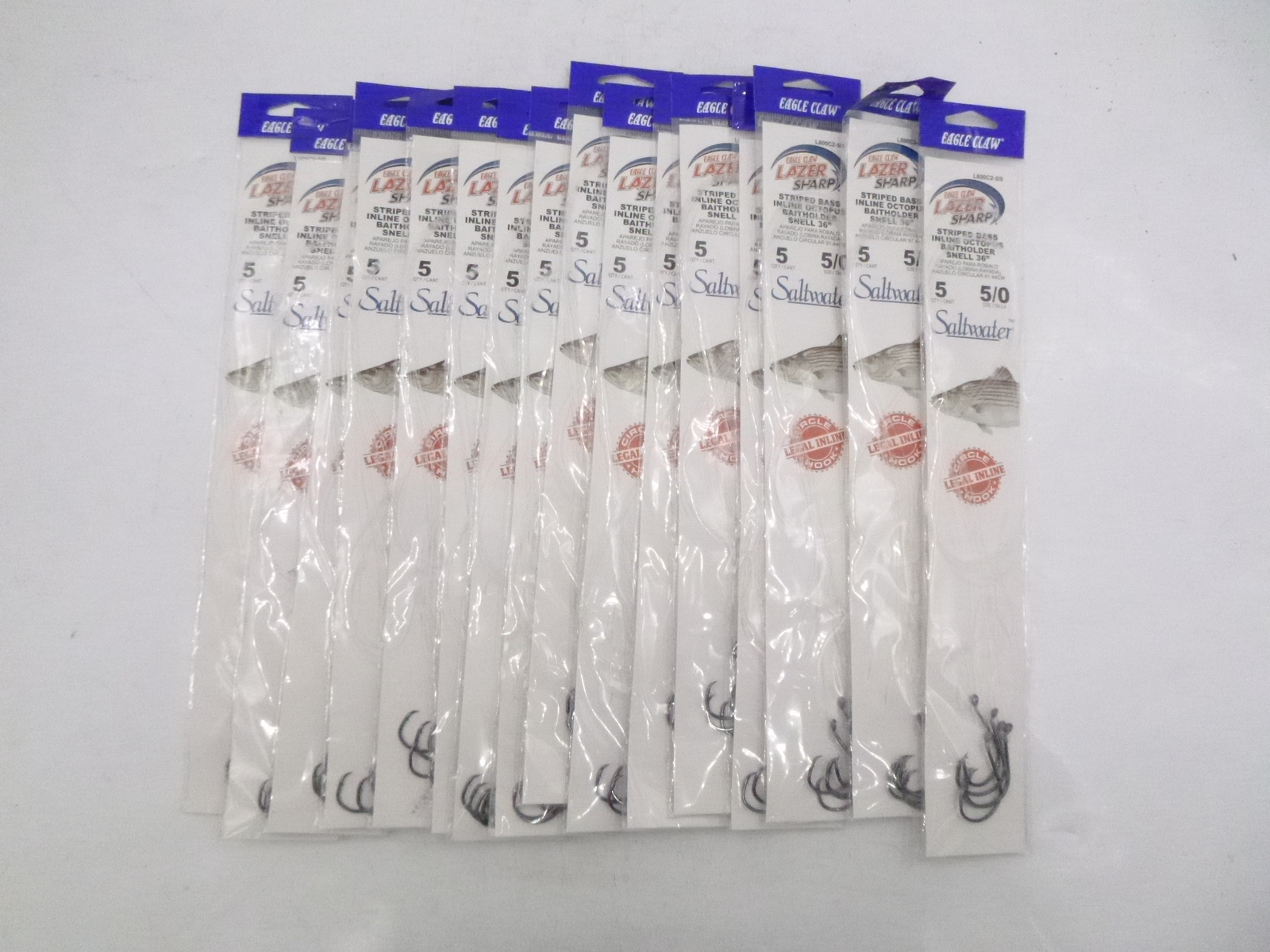 16 Pack Lazer Sharp Striped Bass Inline Octopus Baitholder Snell 36" 5/0 Hook