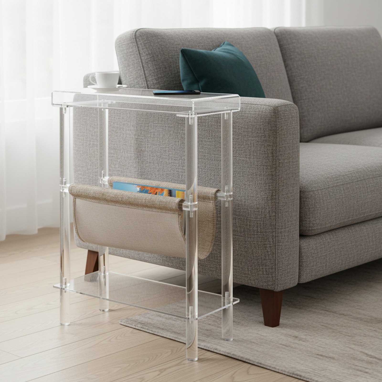 Slim Acrylic Side Table with Magazine Holder - Perfect for Small Spaces Clear
