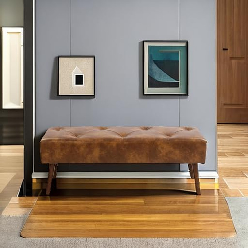 Elegant 44" Tufted Leather Bench with X-Shaped Wood Legs for Home Decor