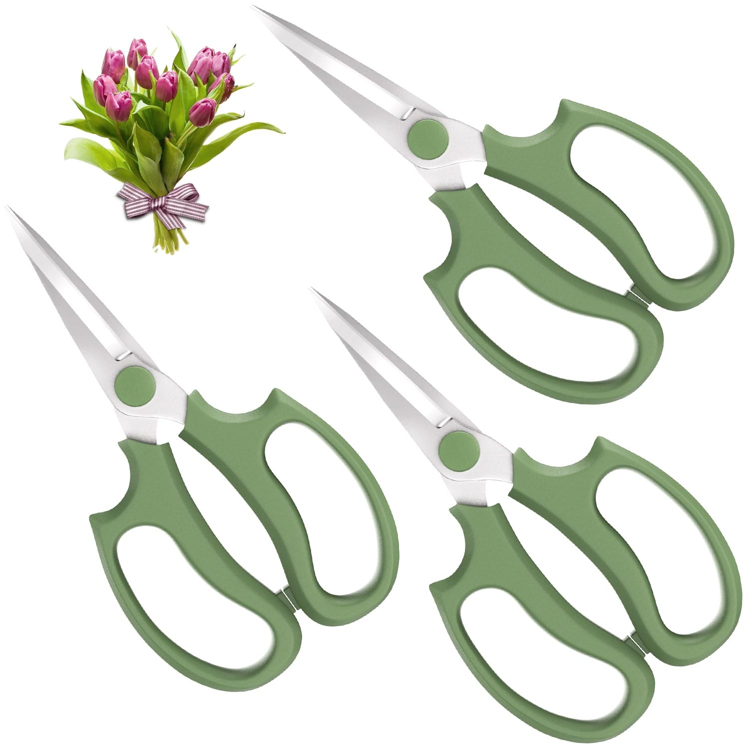 Housolution Flower Scissors, Strong Floral 3 Pack, Pointed-avocado Green