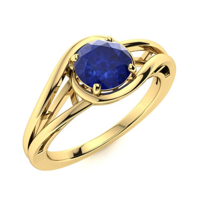 Solitaire Round Blue Sapphire Split Shank Ring 925 Sterling Silver Gold Plated