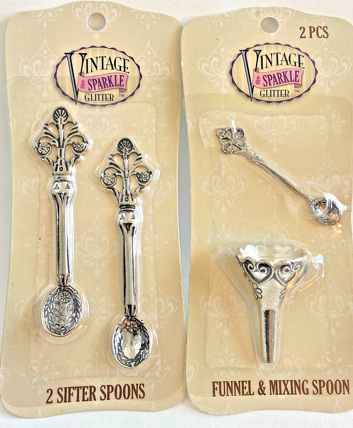 Vintage Glitter & Sparkle Silver Metal Glitter Funnel & Mixing & Sifter Spoons
