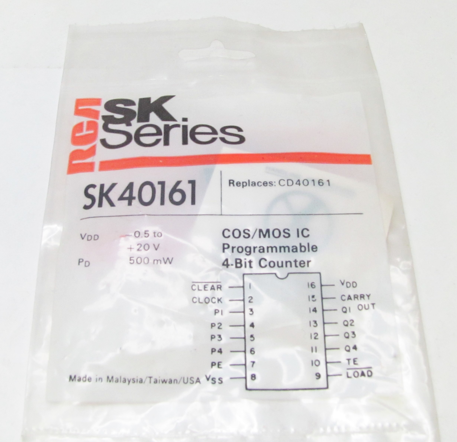RCA SK40161 - Synchronous Programmable 4-Bit Counter CMOS 16-Lead DIP IC, NOS
