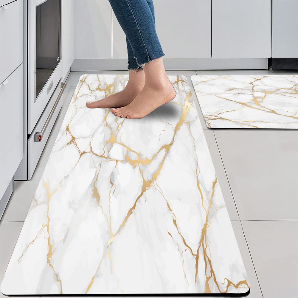 Mrcrypos Gold White Kitchen Rugs Cushioned Anti Fatigue 2 PCS Marble Kitchen Mat
