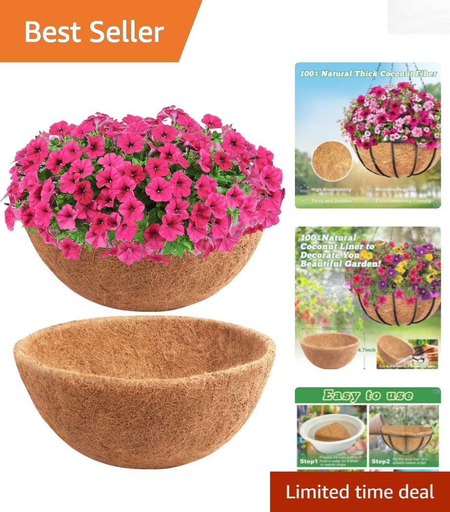 Natural Coco Fiber Hanging Basket Liners Set of 2 - 10 Inches, Weather-Resistant