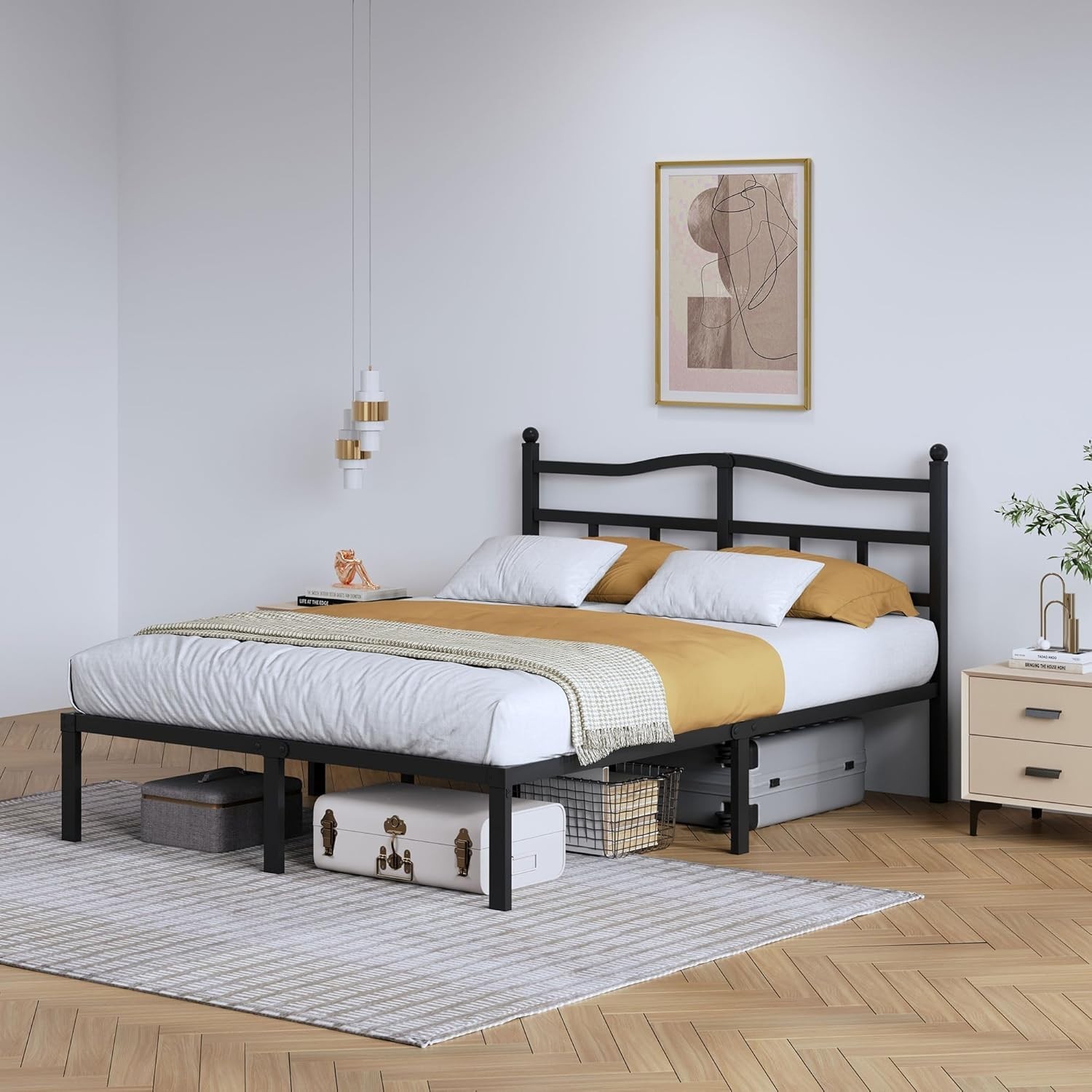 Queen Size Platform Bed with Headboard and Metal Frame-Queen Size - Color: Black