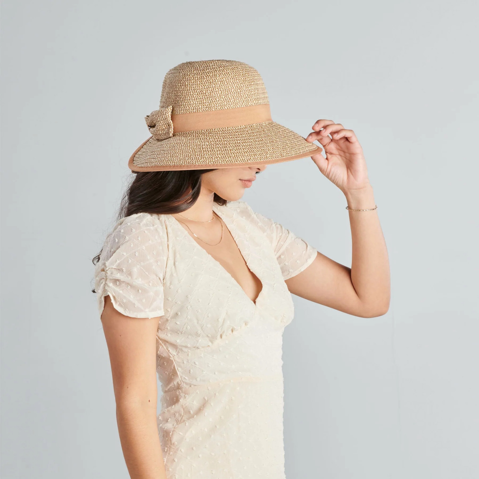 San Diego Hat Company Women's Beige Contrasting Edged Sun Hat with Bow
