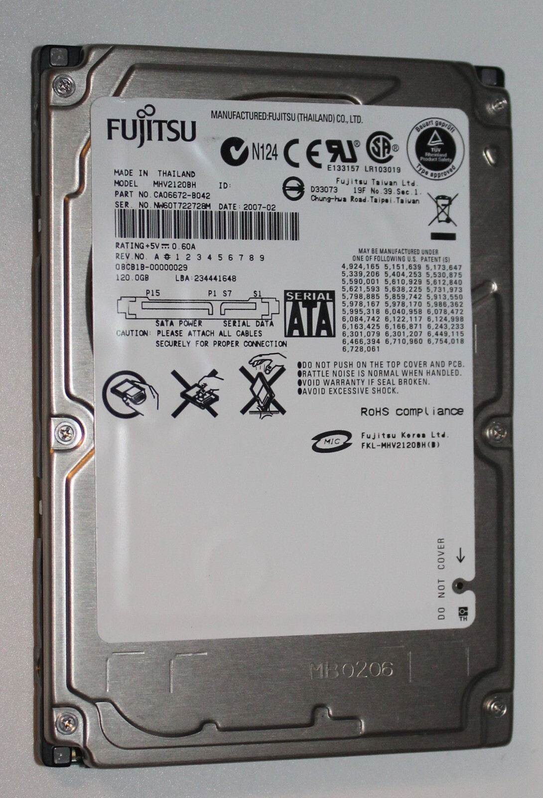 SATA HDD 2.5" 120GB Fujitsu Made in Thailand MVH2120BH CA06672-B042 TESTED USED