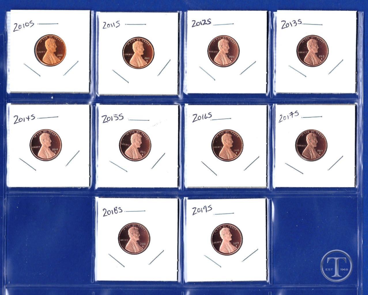 2010 S - 2019 S Proof Lincoln Cents Penny-Gem Proof-Ten Proof Pennies