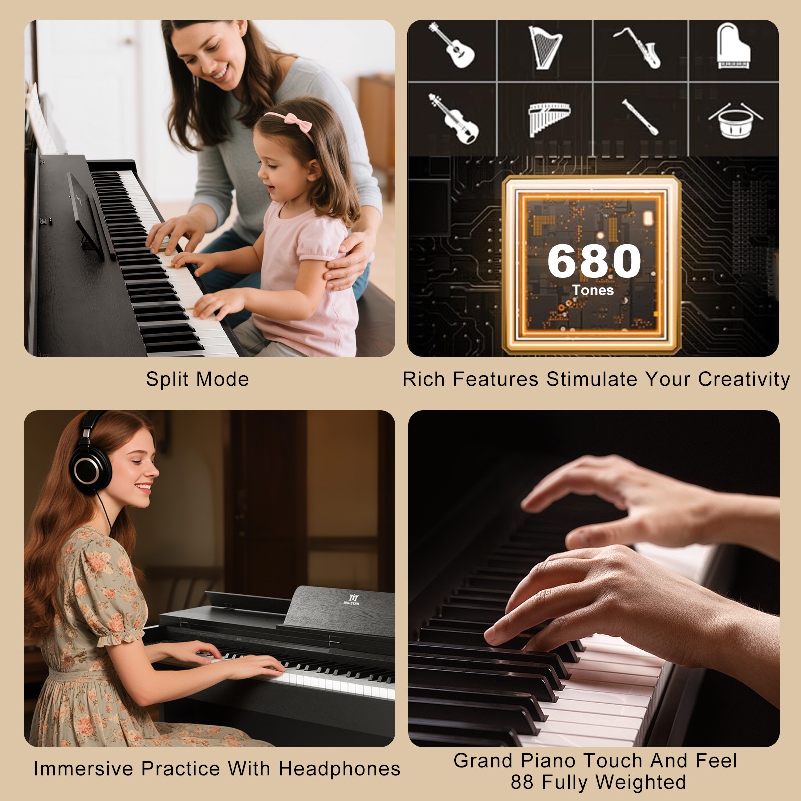 MUSTAR Black 88Key Fully Weighted Hammer Action Digital Piano Keyboard w/3-Pedal