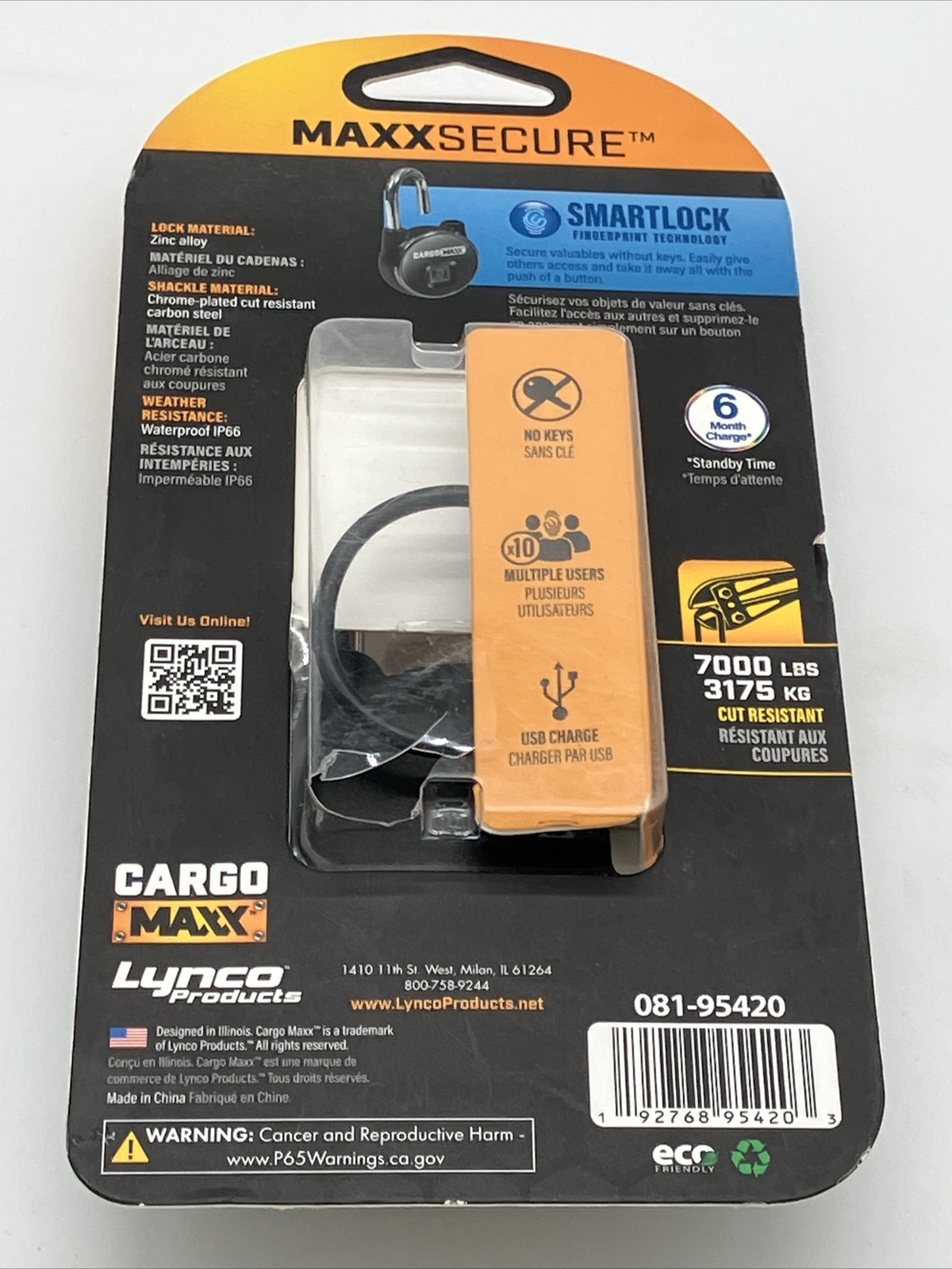 CARGO MAXX SECURE Smart Padlock With Fingerprint Technology Waterproof 2.125 IN