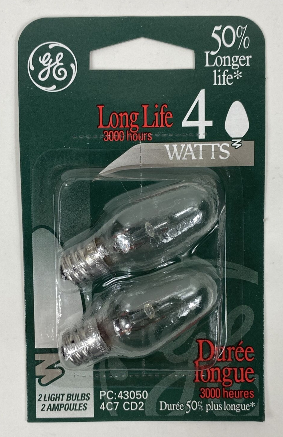 GE Long Life 3,000 Hours 4 Watt 4C7/W CD2 (one) 2 Pack Night Light Bulbs New