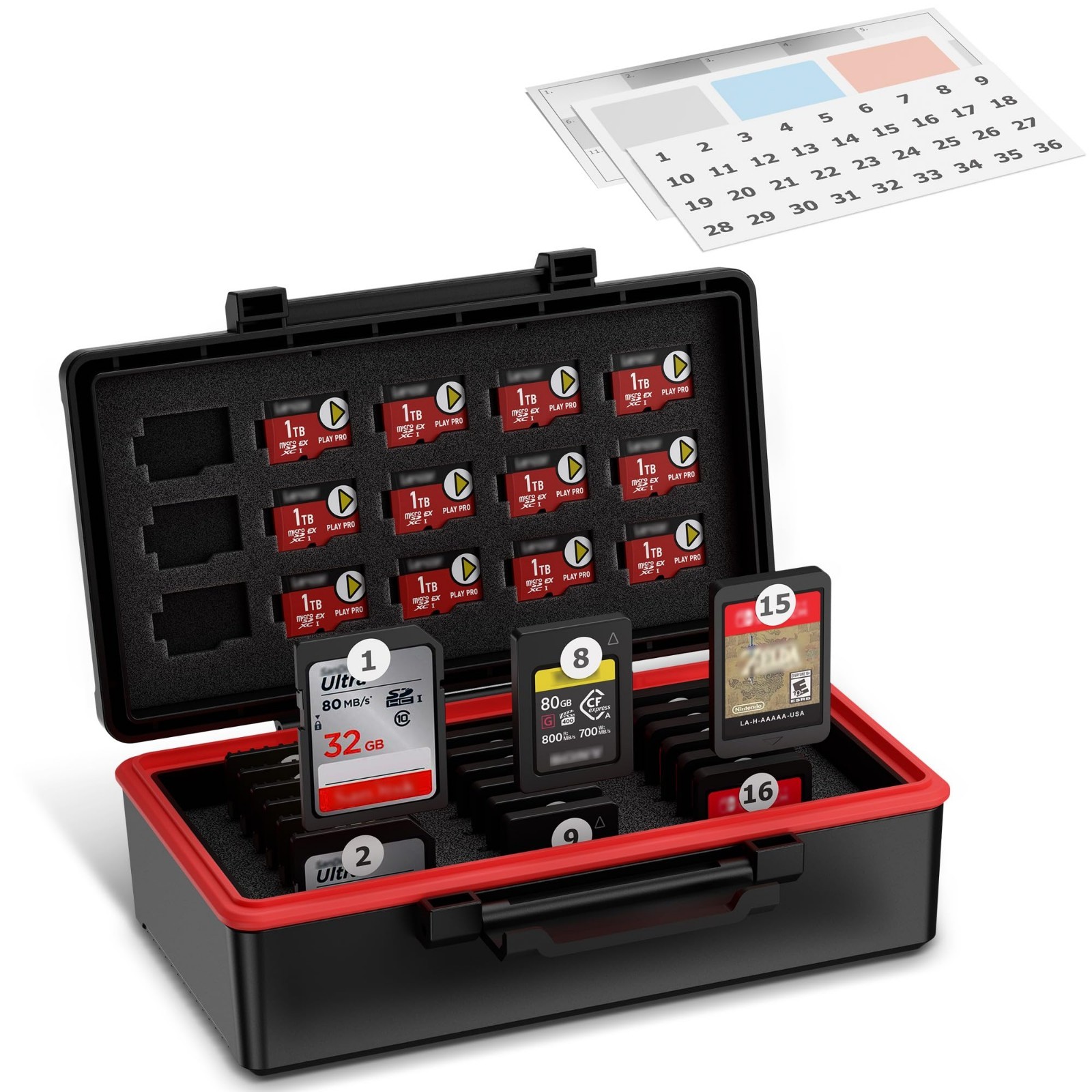 36 Slot Memory Card Case Holder - Water-Resistant, Anti-Shock Organizer for SD/T