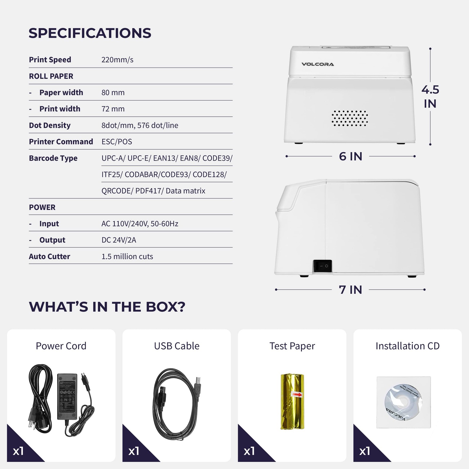 Volcora Thermal Receipt Printer, 80mm POS Printer w/Auto Cutter, White