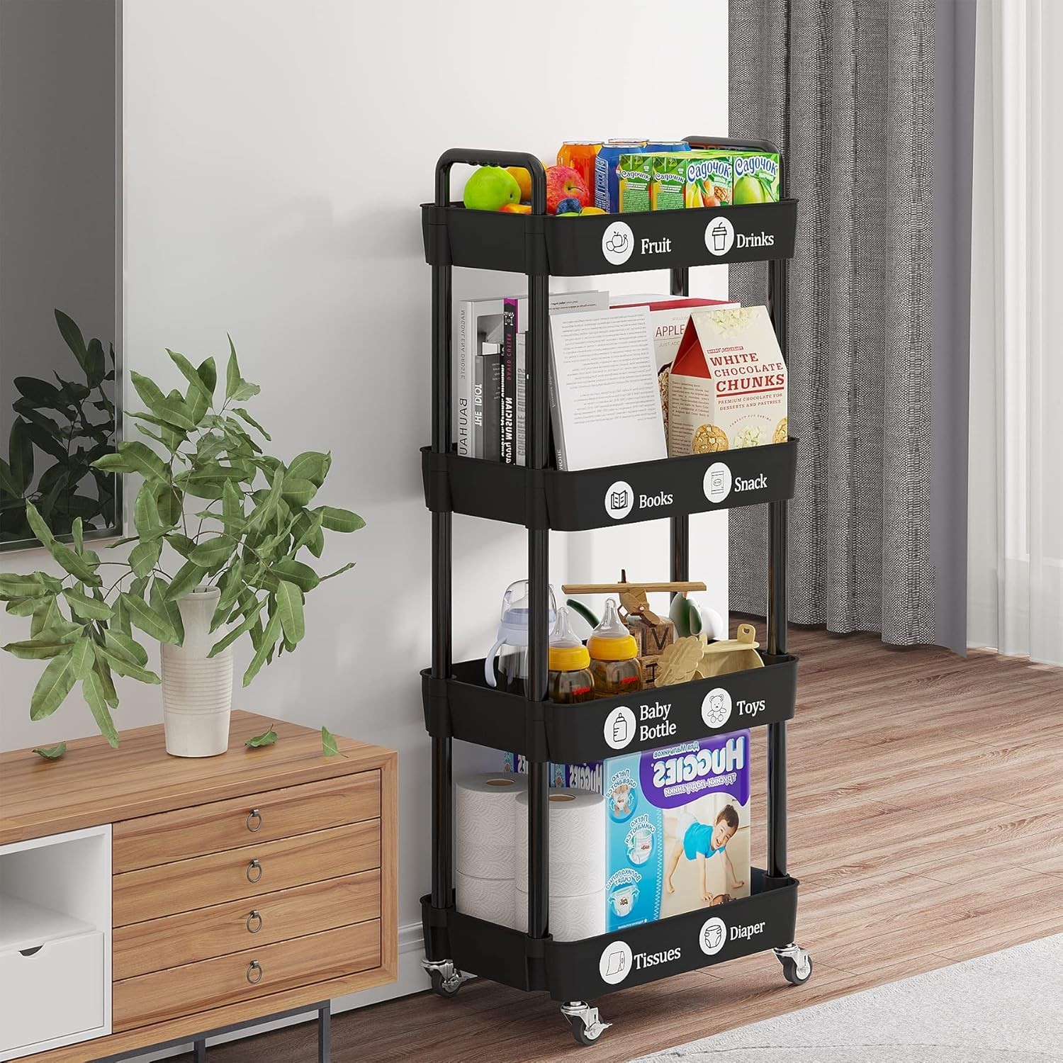 Compact 4-Tier Rolling Cart with Classification Stickers - Effortless Storage