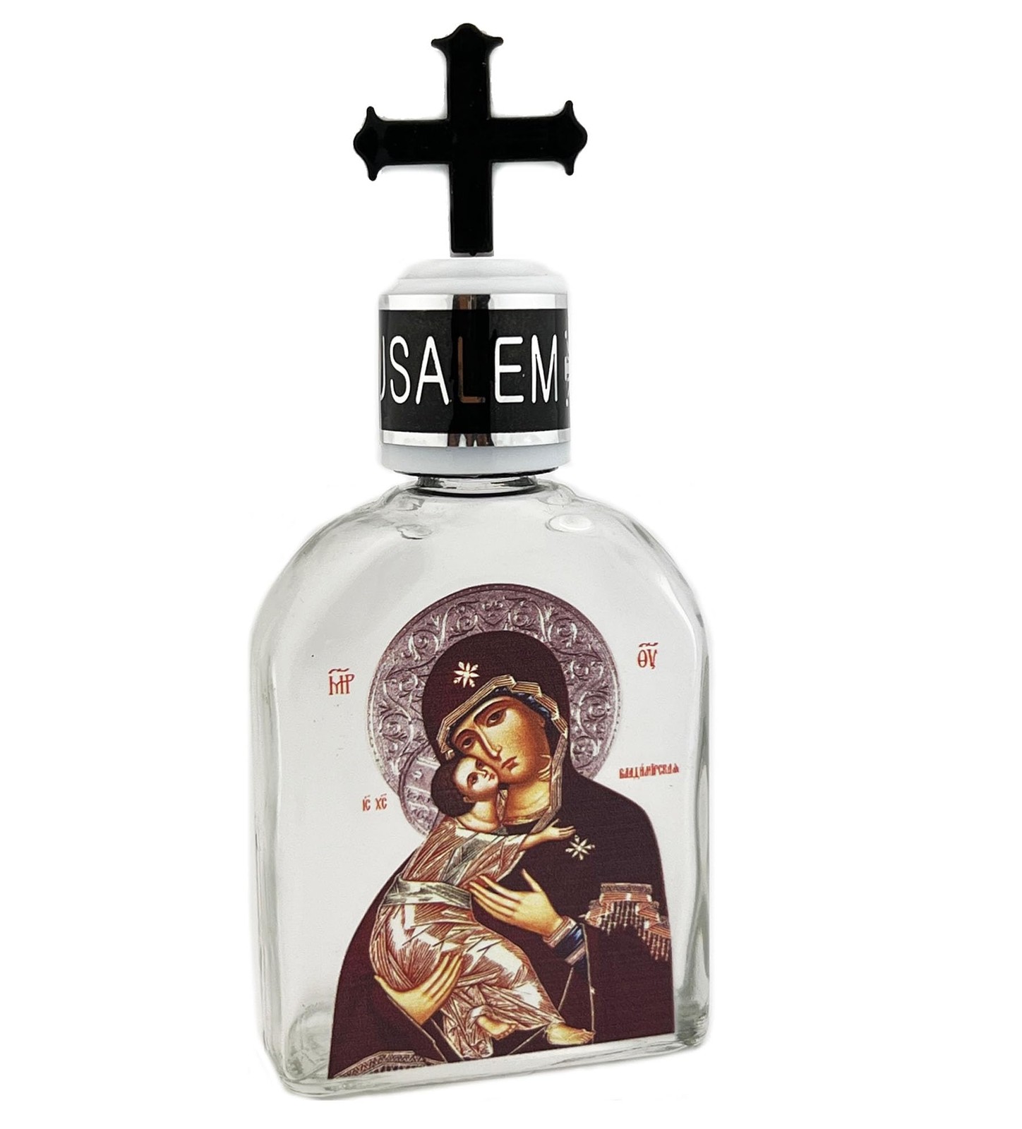 Glass Holy Water Bottle With Icon Virgin of Vladimir, Cross Top, Religious Gi...