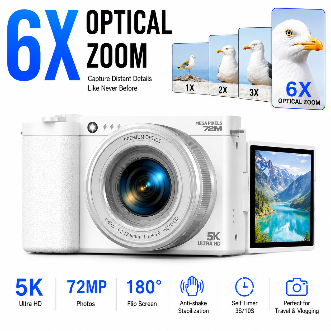 5K Digital Camera with 6X Optical Zoom 2026 Autofocus Vlogging YouTube 64GB Card