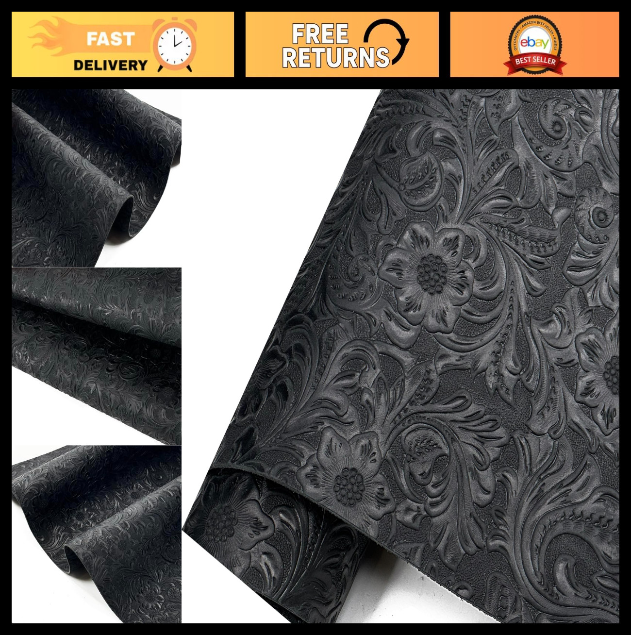 Genuine Leather Sheet 2.0mm for DIY Crafts, Western Style Geometric Pattern, Bla
