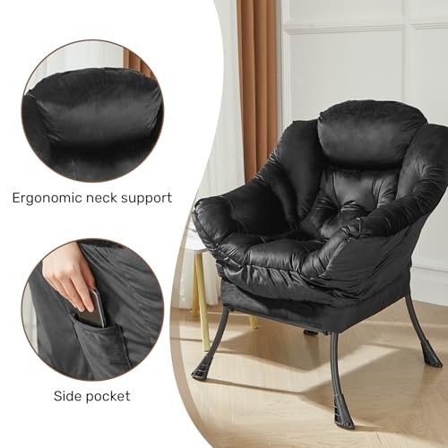 Lazy Chair with Armrest and Side Pocket, Comfy Accent Lounge Velvet Black