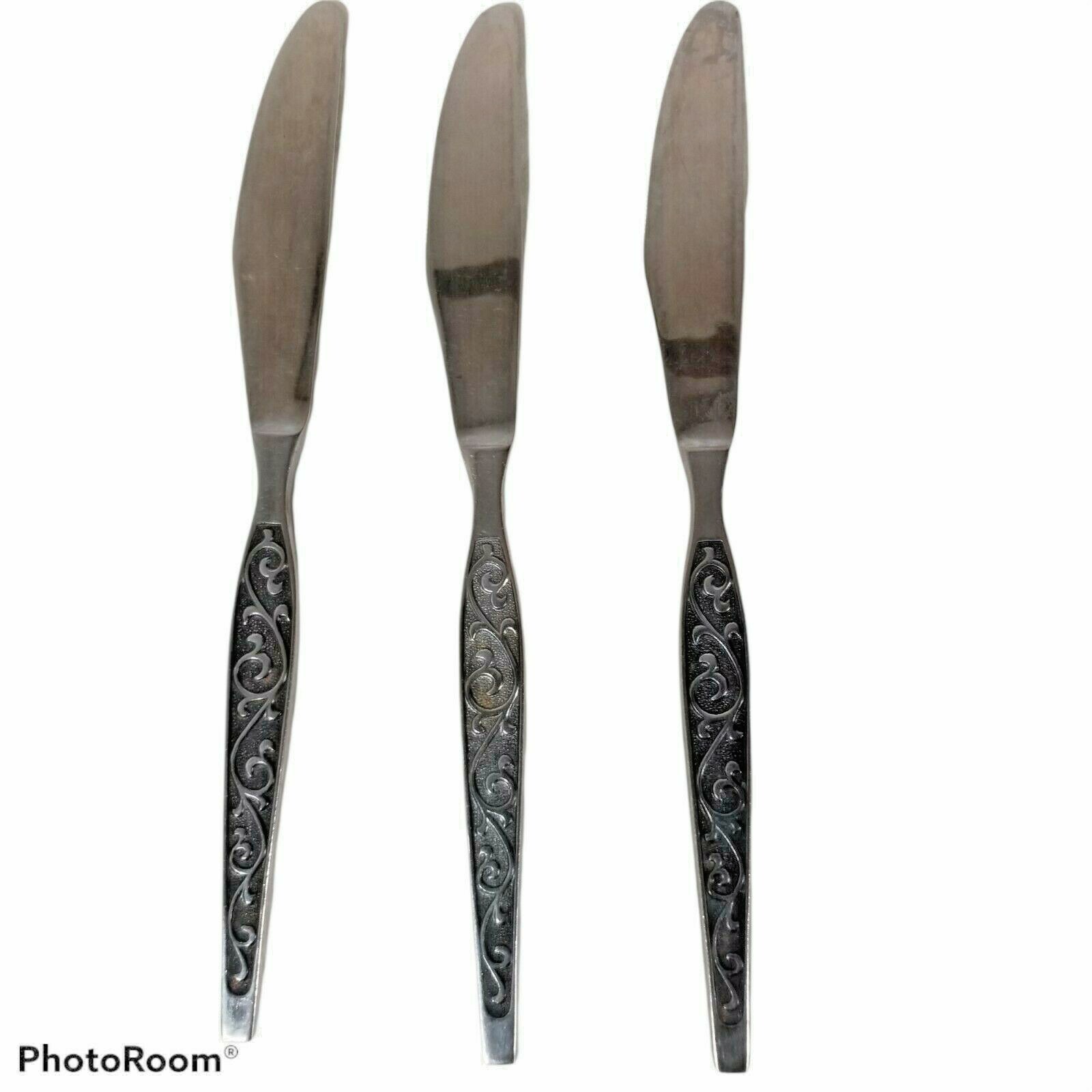 3  70'S VINTAGE SIERRA STAINLESS BY PRESENT knives,  Taiwan inlaid scroll