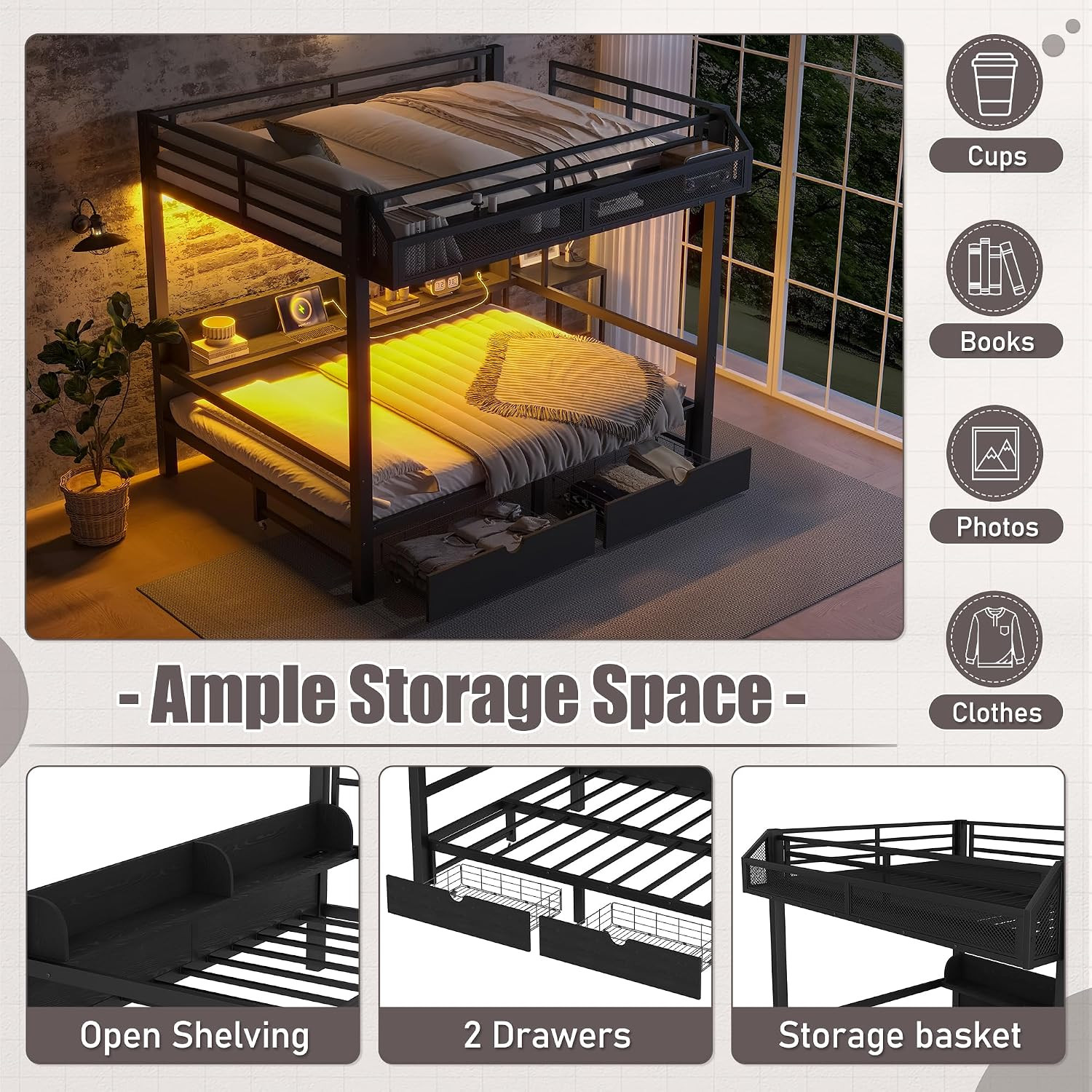 Queen over Queen Bunk Bed with Storage Shelves and Drawers, Metal Bedframe with