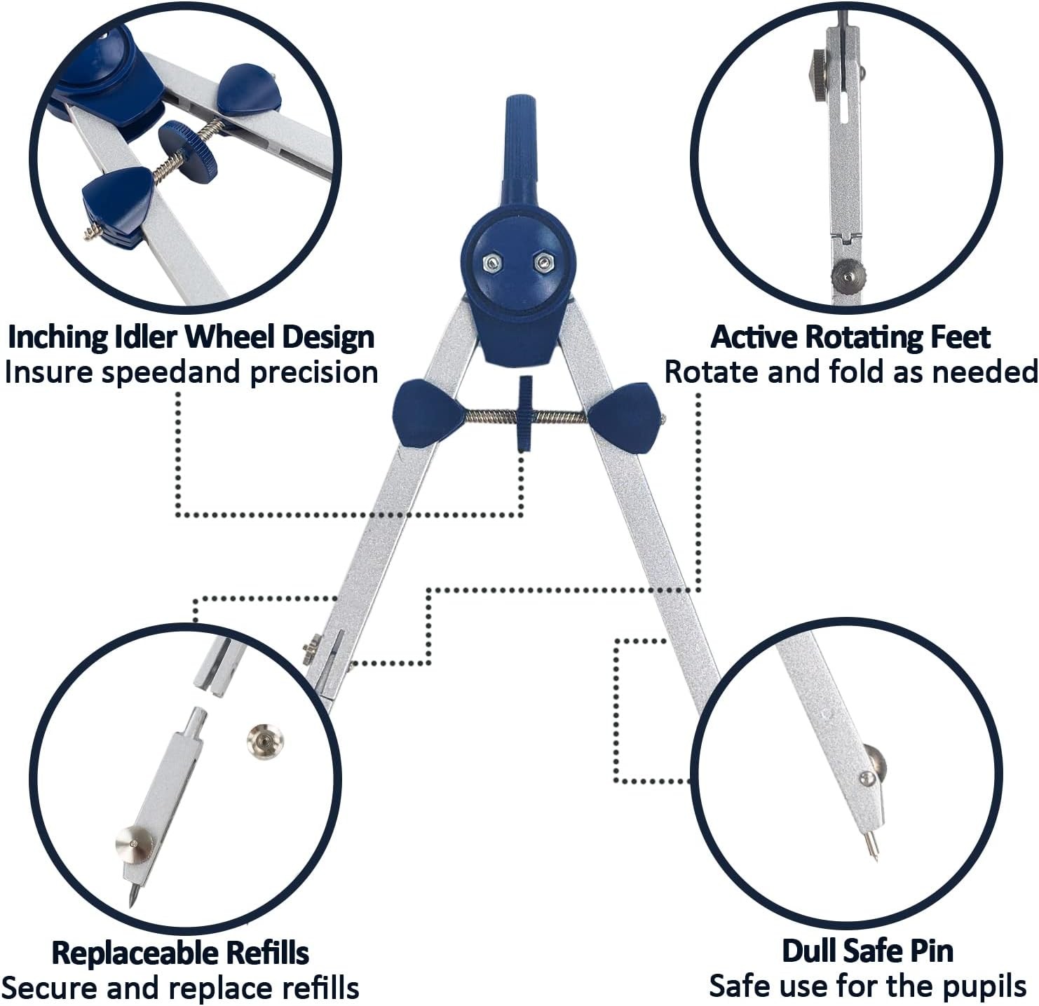 7-Piece Geometry Set - Metal Compass with Wheel and Lock - Precision Drawing...