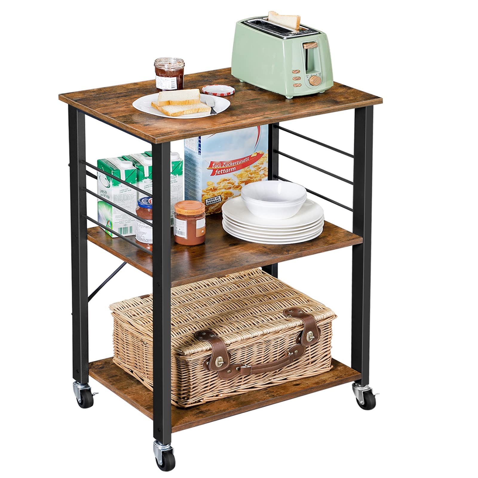 VASAGLE Kitchen Shelf on Wheels, Serving Cart with 3 Shelves, Kitchen Cart, Micr
