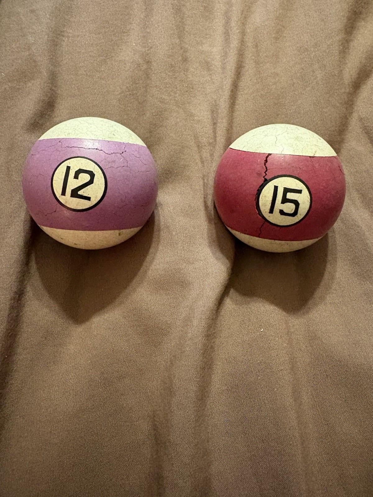 Vintage Clay Billiard Ball- #12 & #15. Red & Purple Stripe