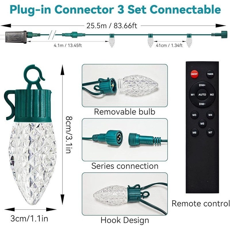 C9 Christmas Lights Outdoor LED String Lights Remote Control Timer 8 Modes New