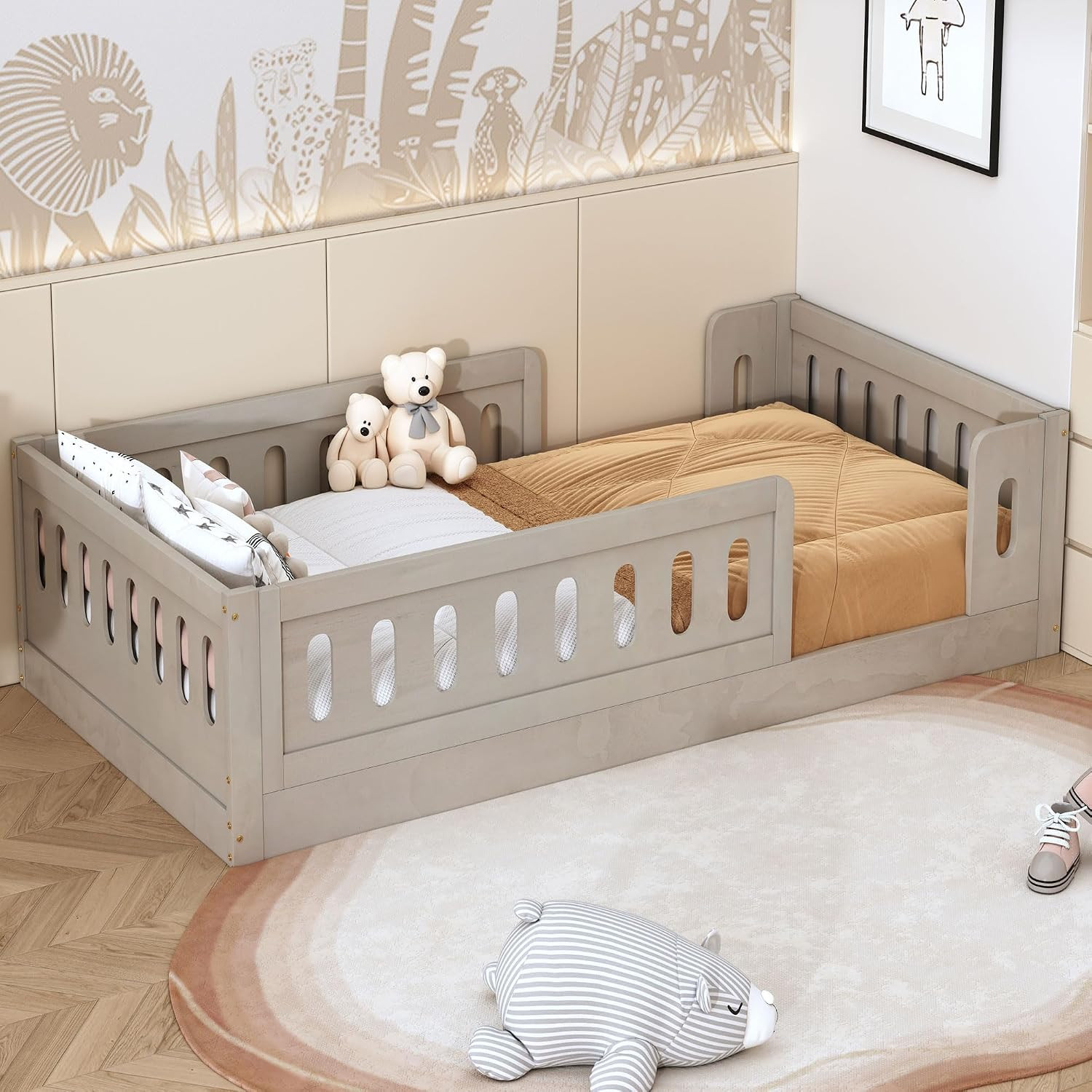 Twin Size Floor Bed, Montessori Floor Bed Frame with Fence Railings for Boys, Gi