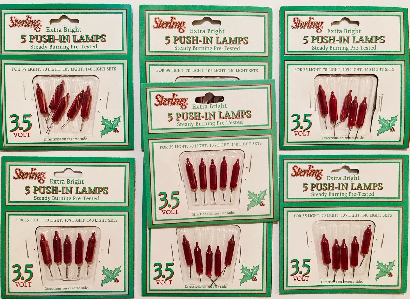 Lot of 7 Red VTG Christmas String Light Bulb Replacements 3.5V Push-In NOS