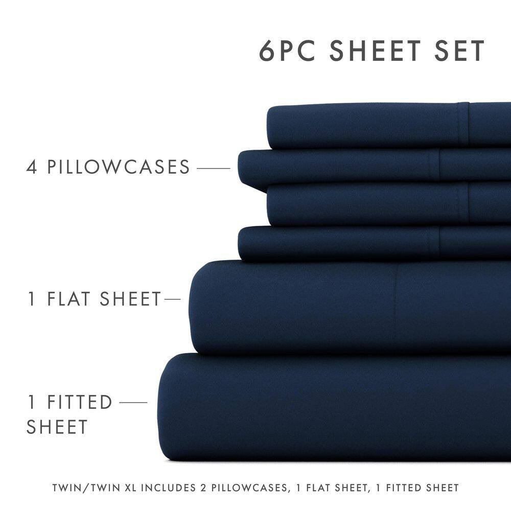6-Piece Navy Solid Microfiber Twin XL Sheet Set